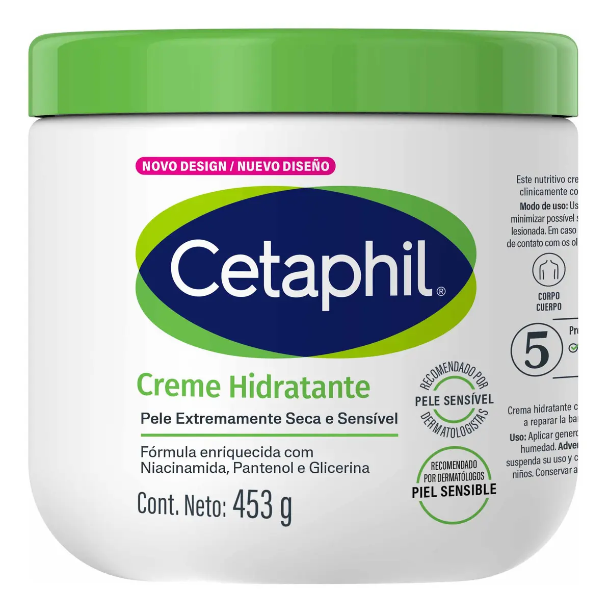 Creme corporal hidratante Cetaphil 453 g Pele sensível, Seca a muito seca Hidratação de 48 horas Niacinamida e pantenol (provitamina B5)