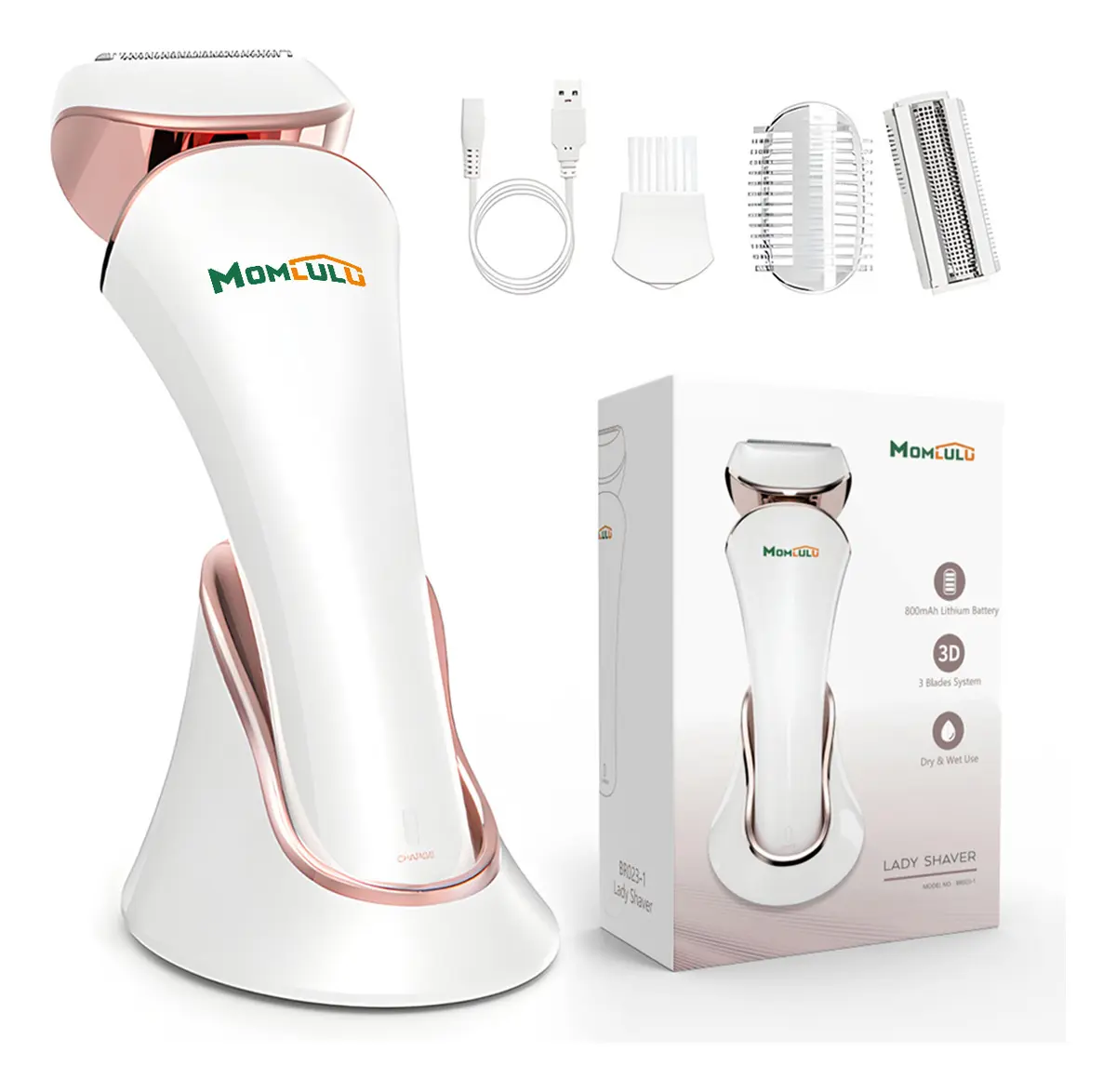 Depilador Elétrico Feminino 3 em 1 Momlulu para Pernas, Braços e Biquíni, Recarregável e Sem Fio