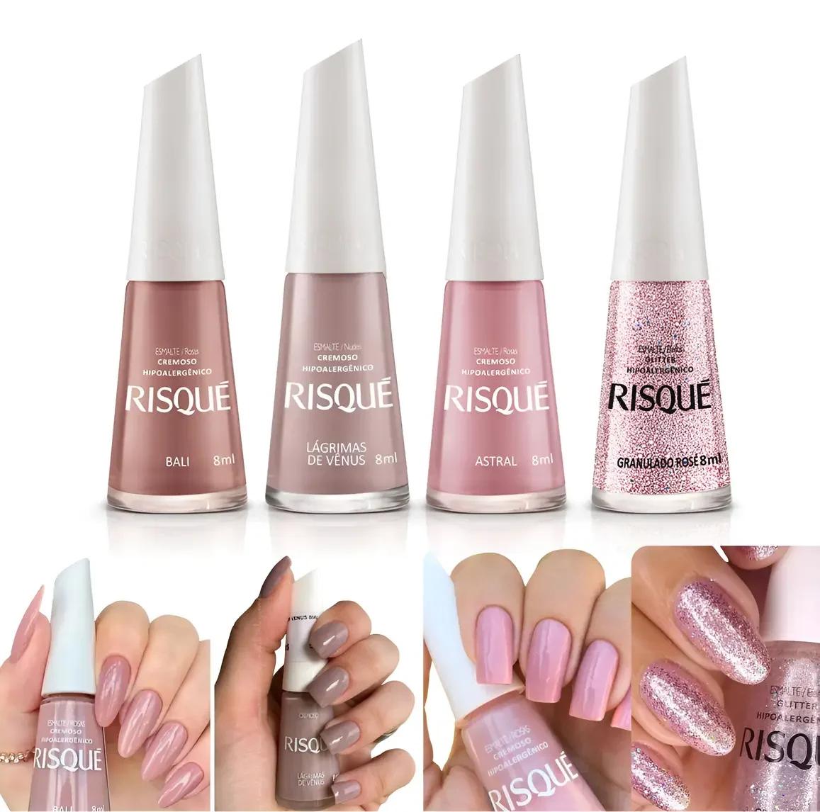 Kit 4 Esmalte Risque Tons Nudes Rosa Cremoso Hipoalergenico Cor